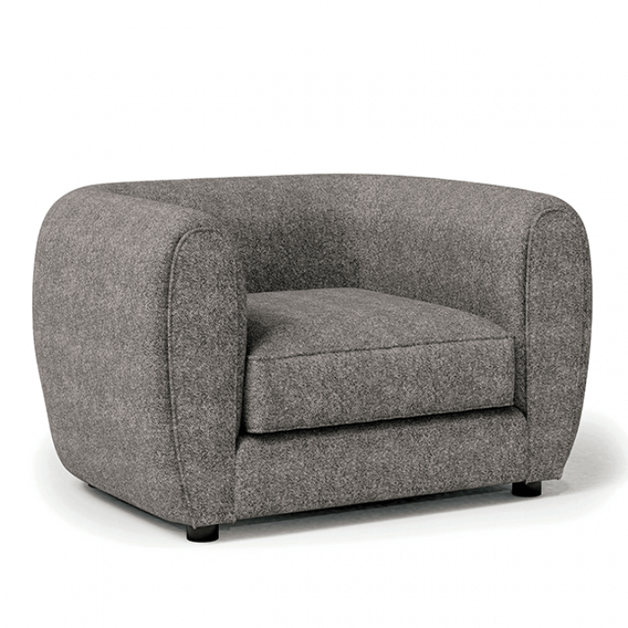 Verdal Gray contemporary armchair with a bulbous shape and soft boucle fabric, ideal for modern living rooms.