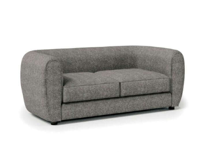 Verdal Dark Gray contemporary loveseat with bulbous shape and soft boucle fabric, ideal for modern living room décor.