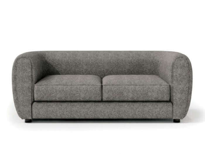 Verdal Dark Gray Contemporary Loveseat with bulbous shape and soft boucle fabric, perfect for modern living rooms.