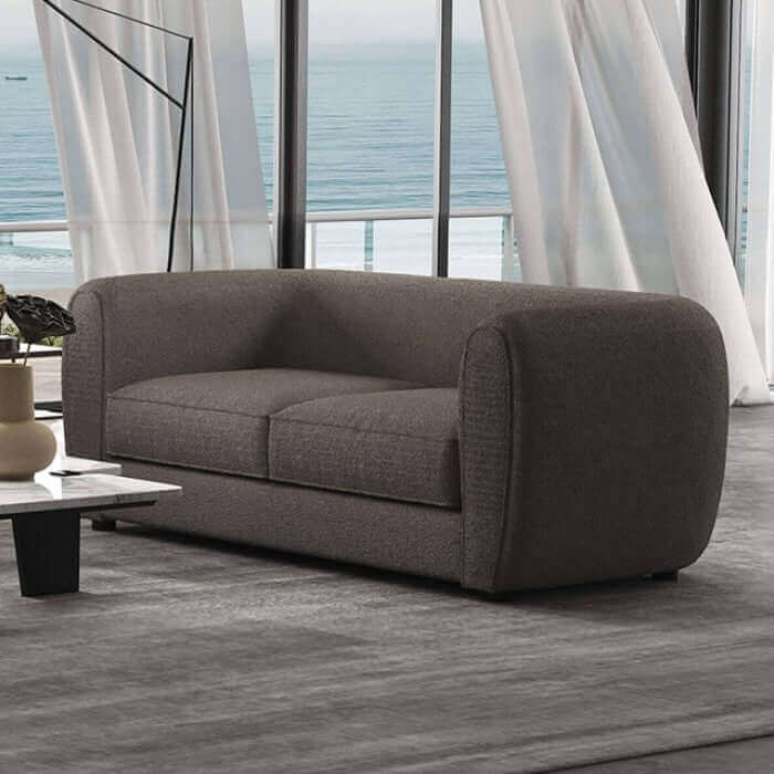 Verdal Dark Gray Contemporary Loveseat featuring chic design with bulbous shape and soft boucle fabric in a modern living room setting.