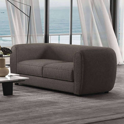 Verdal Dark Gray Contemporary Loveseat featuring chic design with bulbous shape and soft boucle fabric in a modern living room setting.