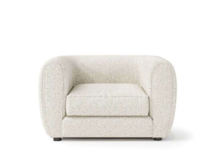 Verdal Off White Contemporary Armchair featuring rounded design and soft boucle fabric for stylish comfort.