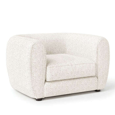 Verdal Off White Contemporary Armchair showcasing bulbous design and soft boucle fabric for stylish living room decor.