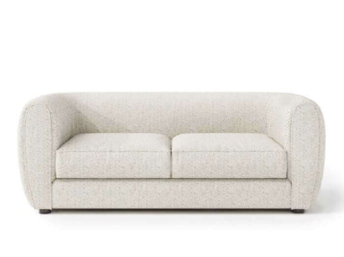 Verdal Off White Contemporary Loveseat with bulbous shape and soft boucle fabric, featuring high-density foam cushions.