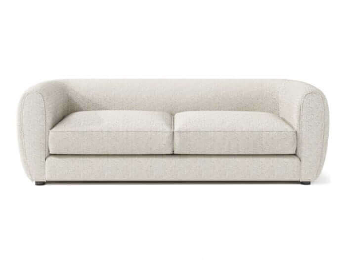 Verdal Off White Contemporary Sofa with bulbous shape and soft boucle fabric, ideal for modern living rooms.