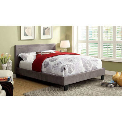 Contemporary gray upholstered platform bed with padded headboard and clean lines, styled in a cozy room setting.
