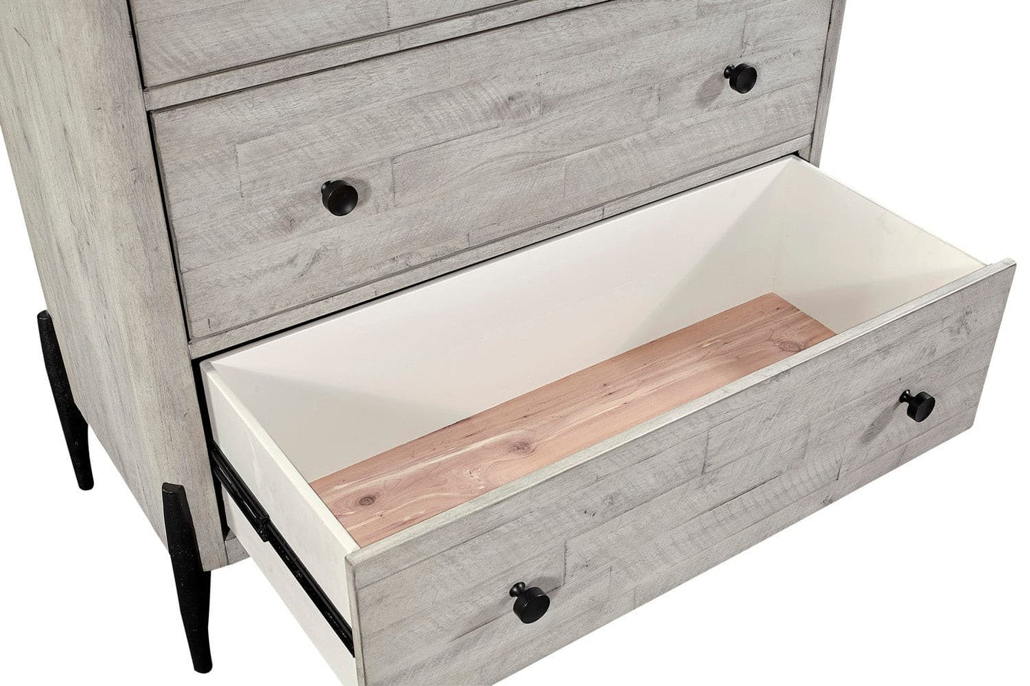Open drawer of the Zane Collection Chest showcasing cedar-lined interior for odor absorption and moth prevention.