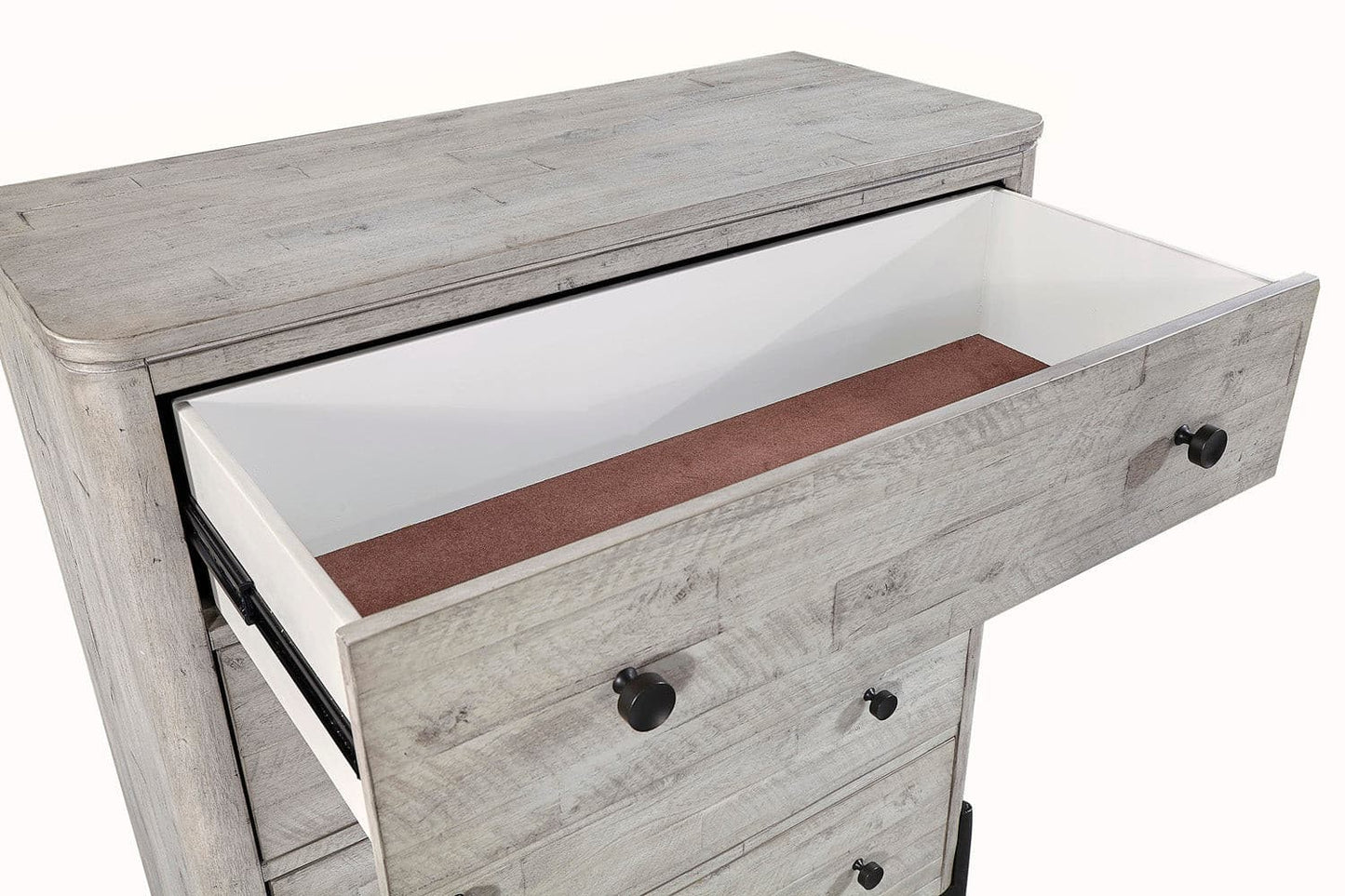 Open drawer of Zane Collection Chest showcasing cedar lining and unique matte finish design.