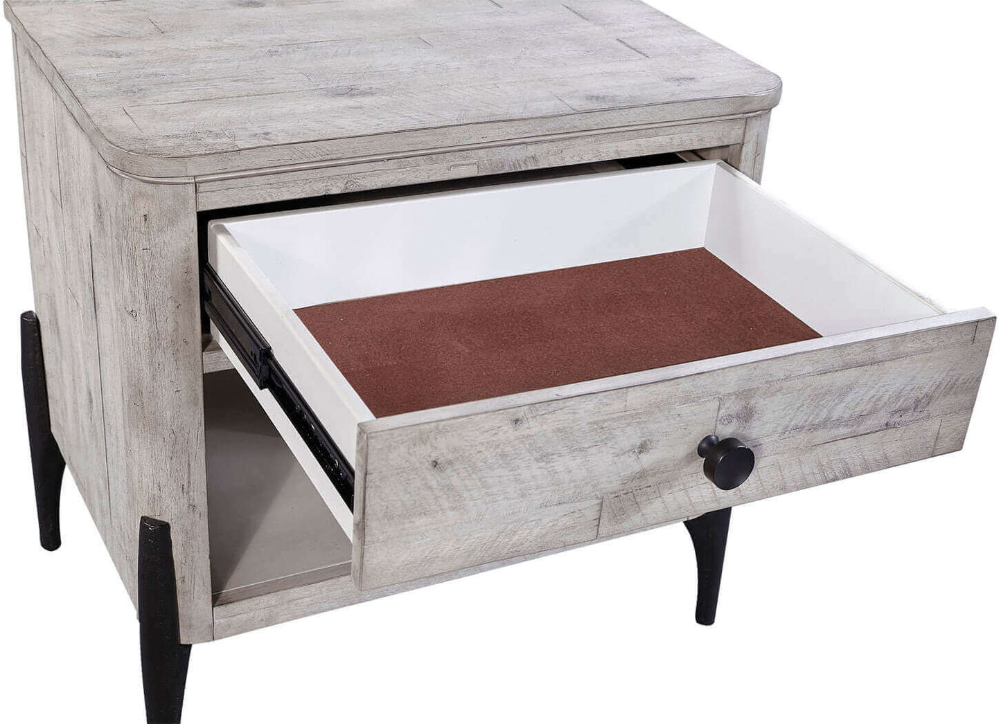 Zane Collection Nightstand with an open drawer showcasing cedar lining and unique matte black hardware.
