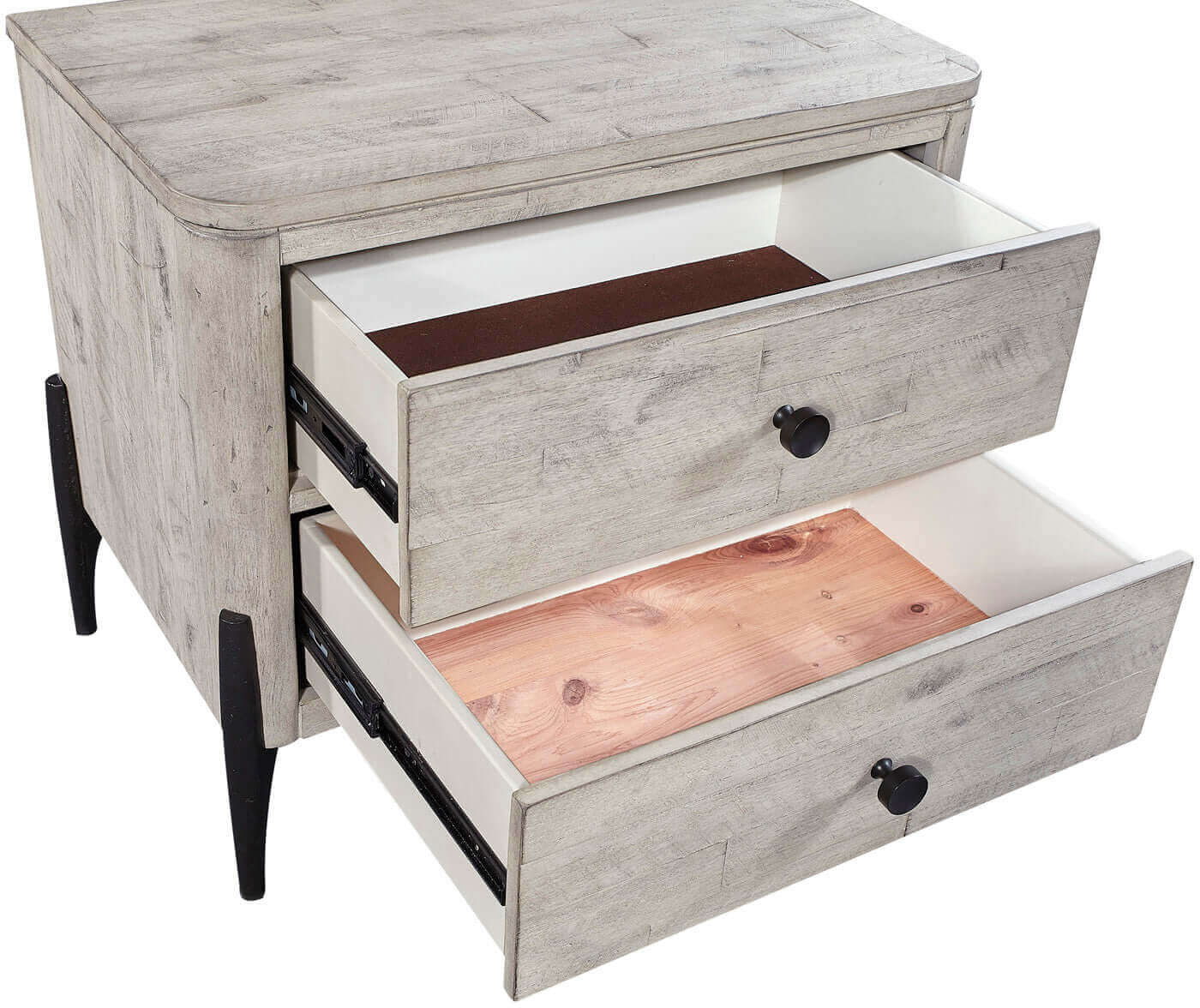 Zane Collection Nightstand with open cedar lined drawers and matte black hardware, offering stylish storage solutions.