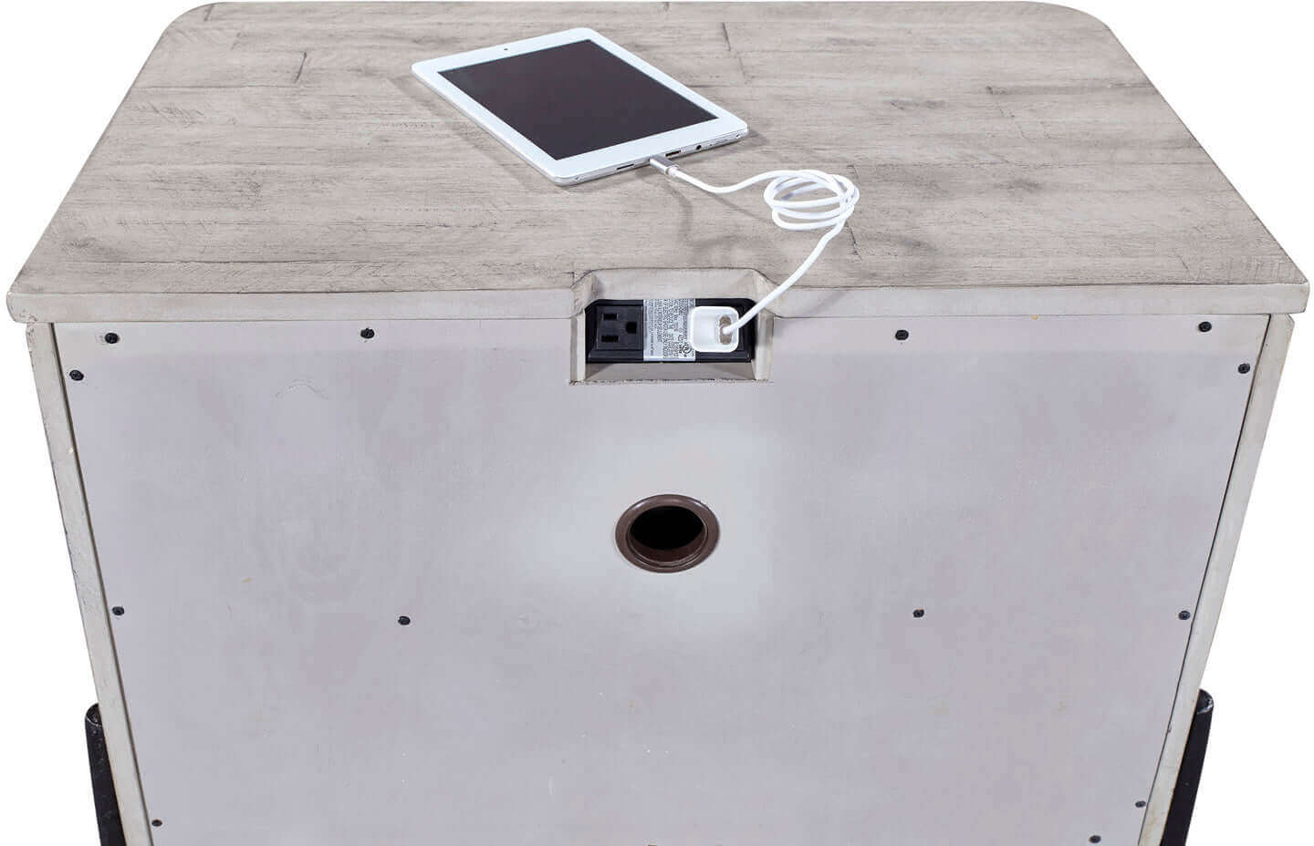 Zane Collection Nightstand top view with charging station and tablet, featuring a stylish wood finish.