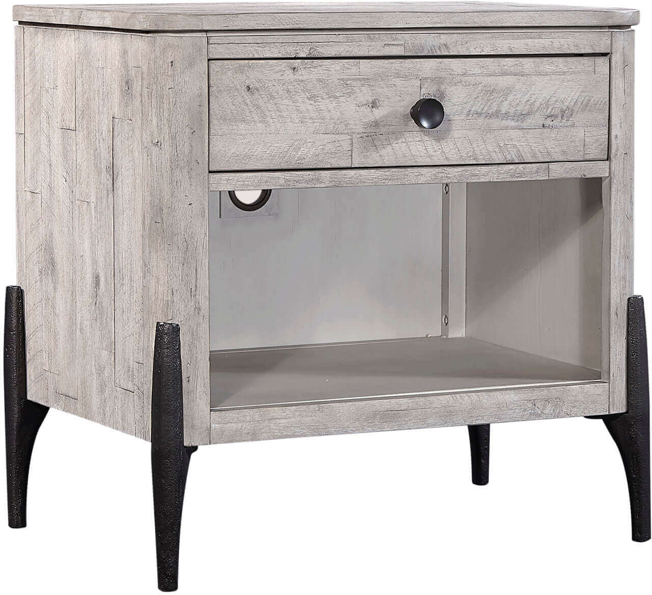 Zane Collection Nightstand with single drawer and open shelf, featuring a light wood finish and black metal legs.