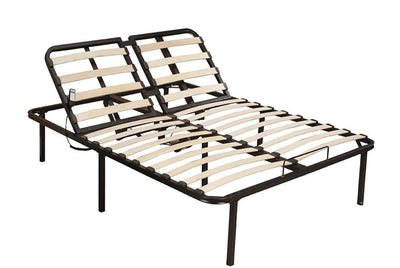 Adjustable bed frame with wooden slat system for enhanced mattress support and head-up functionality.