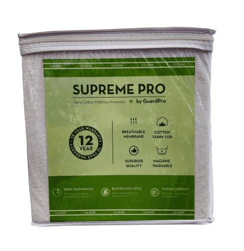 Supreme Terry Cloth Mattress Protector by GuardPro, 100% waterproof, hypoallergenic, blocks dust mites, machine washable.