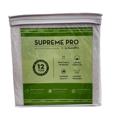 Supreme Terry Cloth Mattress Protector by GuardPro, 100% waterproof, hypoallergenic, blocks dust mites, machine washable.