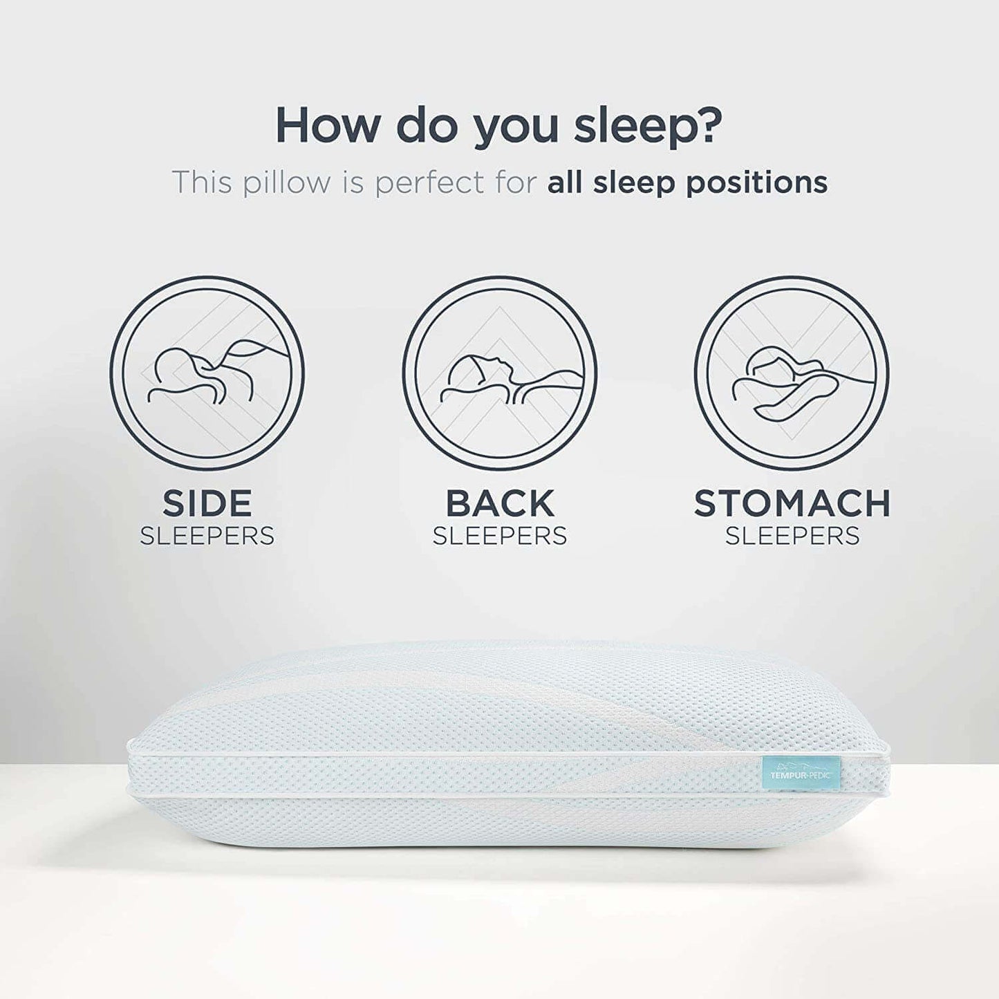Tempur-Breeze ProHi pillow showcasing suitability for side, back, and stomach sleepers with cool-to-touch cover.