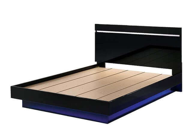 Erlach Black Gloss LED Platform Bed with modern design and ambient lighting for enhanced bedroom ambiance.