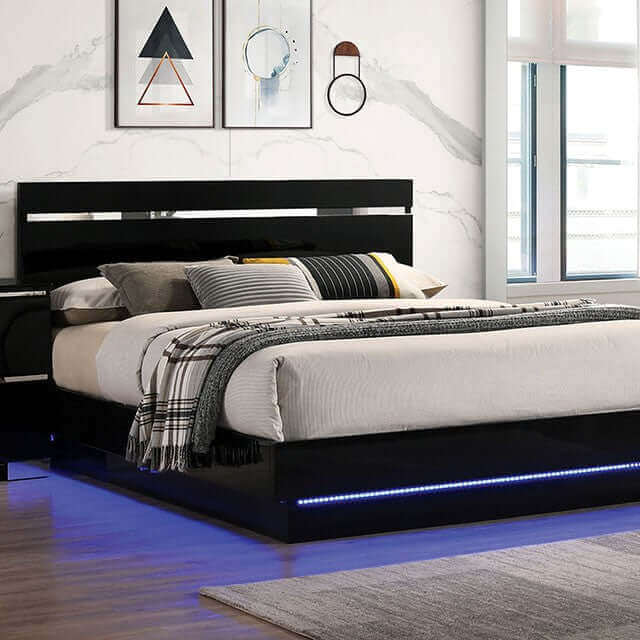 Modern Erlach Black Gloss LED platform bed with ambient lighting and chrome accents in stylish bedroom setting.