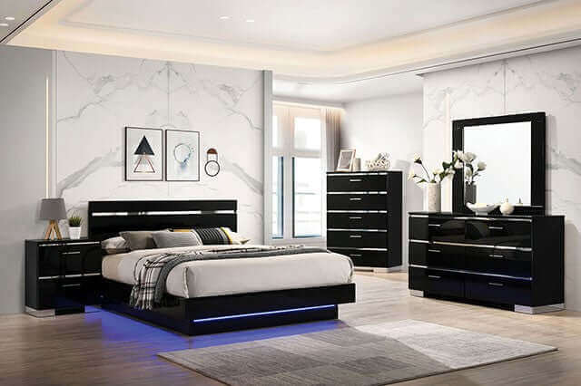 Erlach Gloss Black 4pc Bedroom Set featuring ambient LED lighting, chrome accents, and modern design.