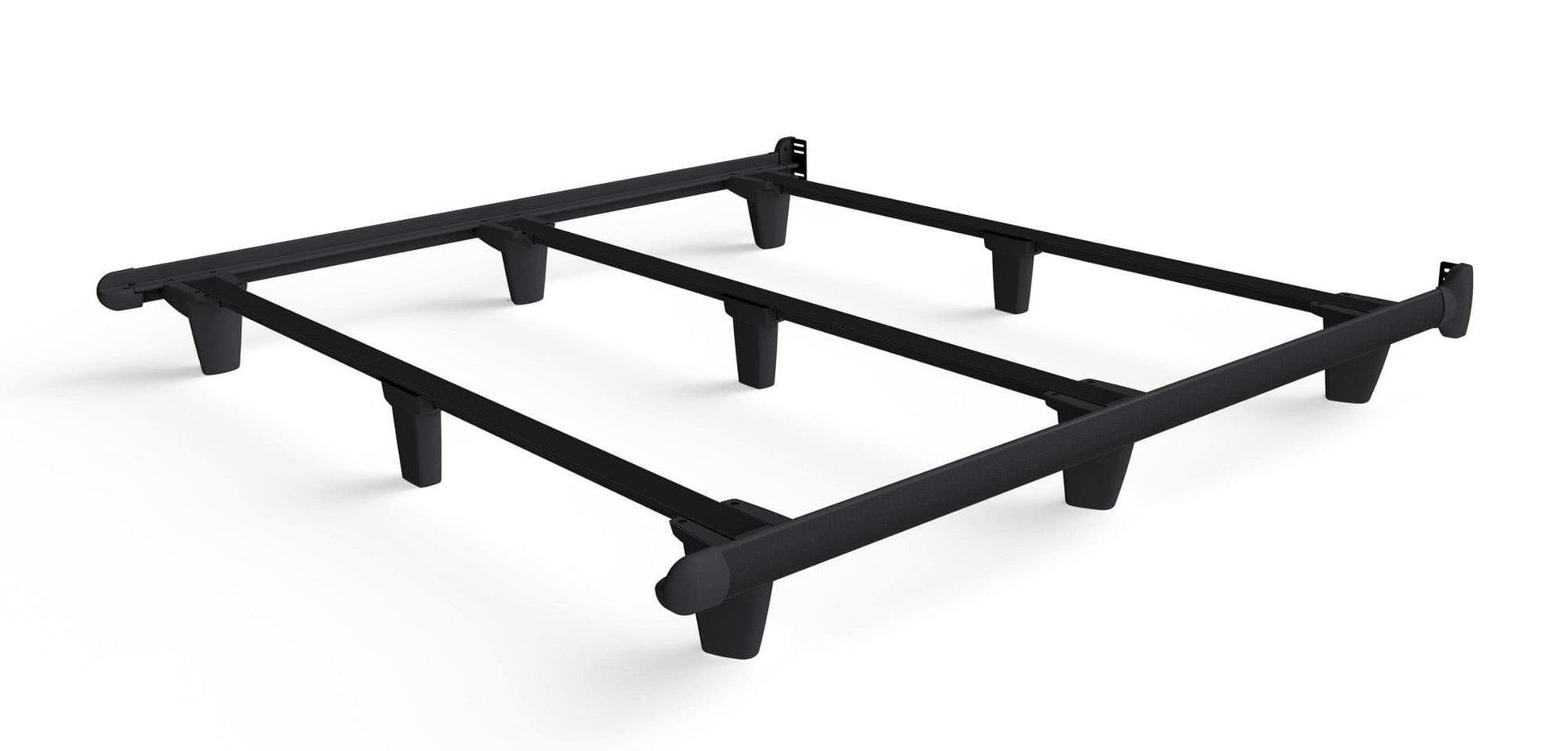Black steel bed frame base with sturdy legs, designed for durability and support, capable of holding over 5000LBS.