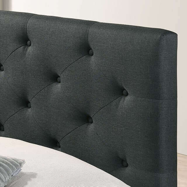 Bella Dark Gray tufted headboard showcasing elegant diamond stitching and rich linen-like fabric.