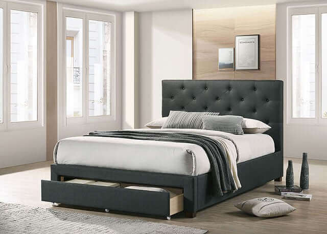 Bella Dark Gray Tufted Storage Bed with a diamond-tufted headboard and smooth rolling drawer for storage.