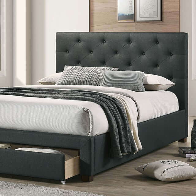 Bella Dark Gray Tufted Storage Bed with diamond tufting and a smooth rolling drawer for convenient storage.