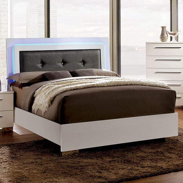 Clementine White 4pc Bedroom Set featuring a button tufted black headboard with LED lights and a modern white platform bed.