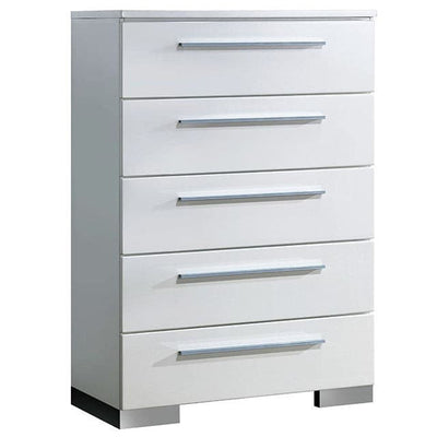 Sleek white chest of drawers with chrome handles and modern design, perfect for contemporary bedroom decor.