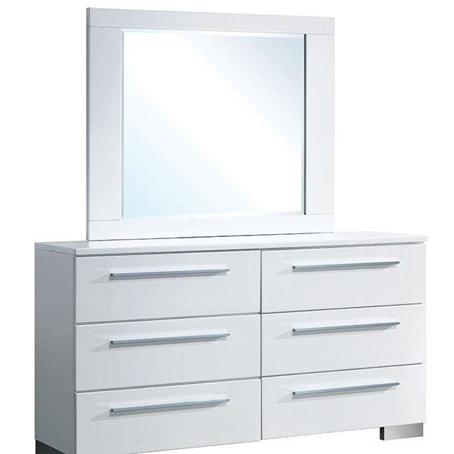 Contemporary white dresser with sleek chrome accents and matching mirror, ideal for modern bedroom decor.