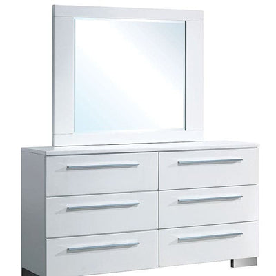 Contemporary white dresser with sleek chrome accents and matching mirror, ideal for modern bedroom decor.