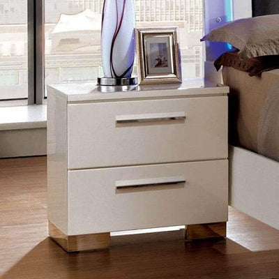 White gloss nightstand with chrome legs and two drawers, perfect for modern bedroom decor.
