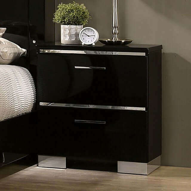 Erlach Gloss Black nightstand with chrome accents, featuring two drawers and a clock on top, enhancing bedroom decor.
