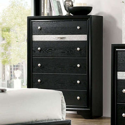 Contemporary black dresser with silver accents and pulls, enhancing stylish bedroom decor.