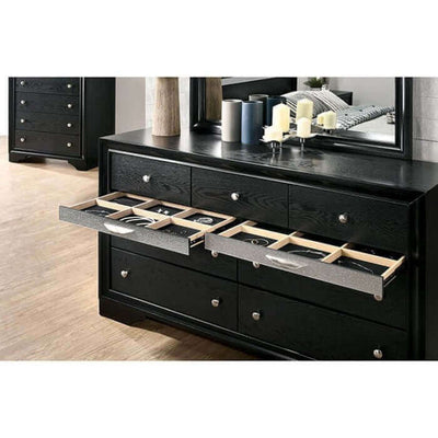 Chrissy Black Dresser with open drawers showcasing jewelry storage, featuring a sleek black finish and elegant silver pulls.
