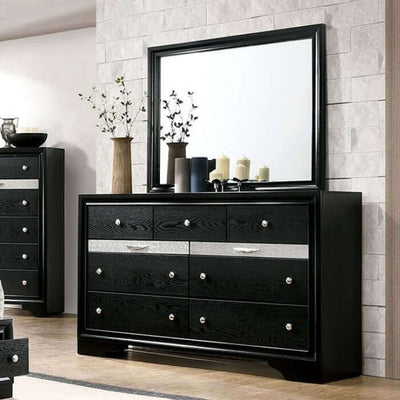 Contemporary Chrissy Black Dresser with mirror, silver accents, and sleek design enhancing room aesthetic.