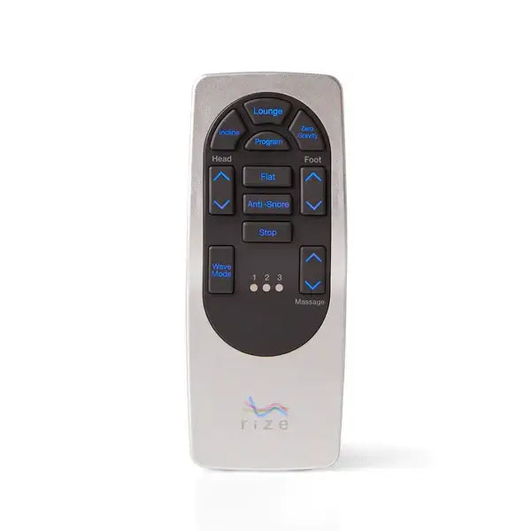 Rize® Clarity II adjustable base remote control featuring buttons for massage, lounge, and adjustable positions.