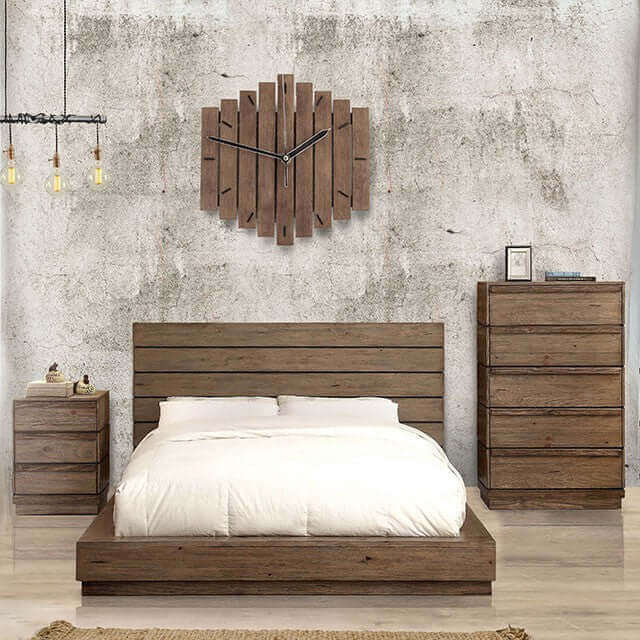 Rustic bedroom featuring Coimbra Natural Nightstand, matching dresser, and modern wooden clock on a textured wall.
