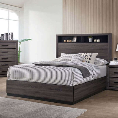 Conwy Dark Gray modern bedroom set featuring a stylish bed with shelves and striped bedding in a chic interior setting.