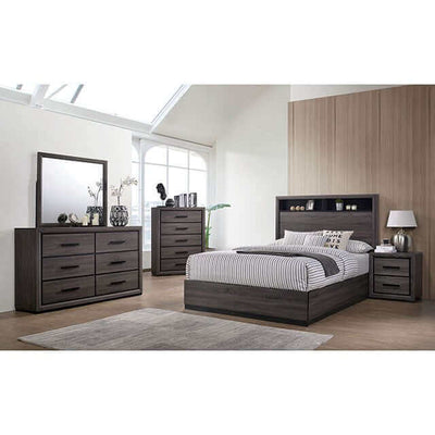 Conwy Dark Gray 2pc Modern Bedroom Set featuring a stylish bed, dresser, and nightstand with striped bedding and elegant decor.