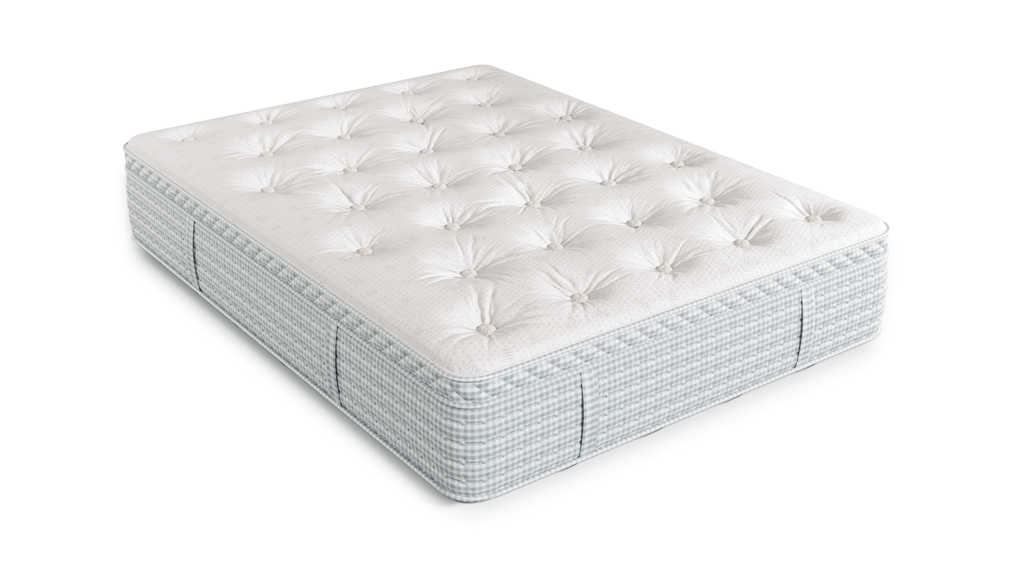 Diamond Diana Plush Natural Latex Lux Euro Top 16" Mattress with a tufted white surface and stylish blue patterned sides.