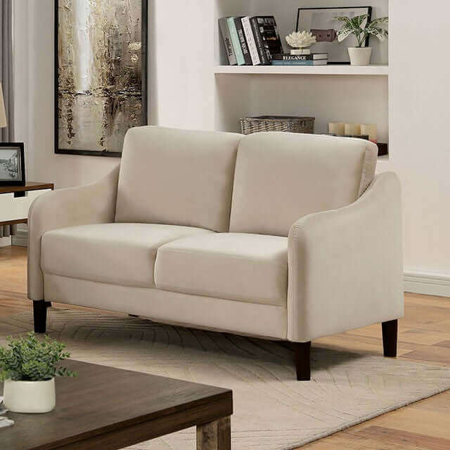 Kassel Beige Contemporary Loveseat with rounded arms and walnut-finished legs in a modern living room setting.