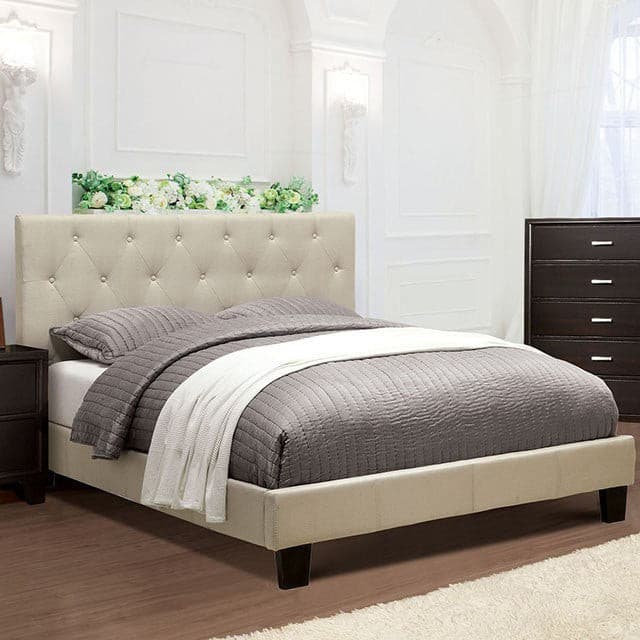 Leeroy Ivory Platform Bed with button-tufted headboard in transitional style, upholstered fabric, and tapered legs.