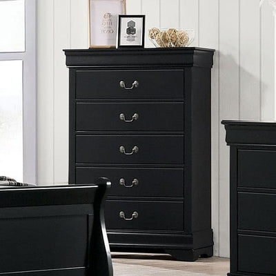 Louis Philippe black transitional chest with five drawers, stylish design for bedroom storage and organization.