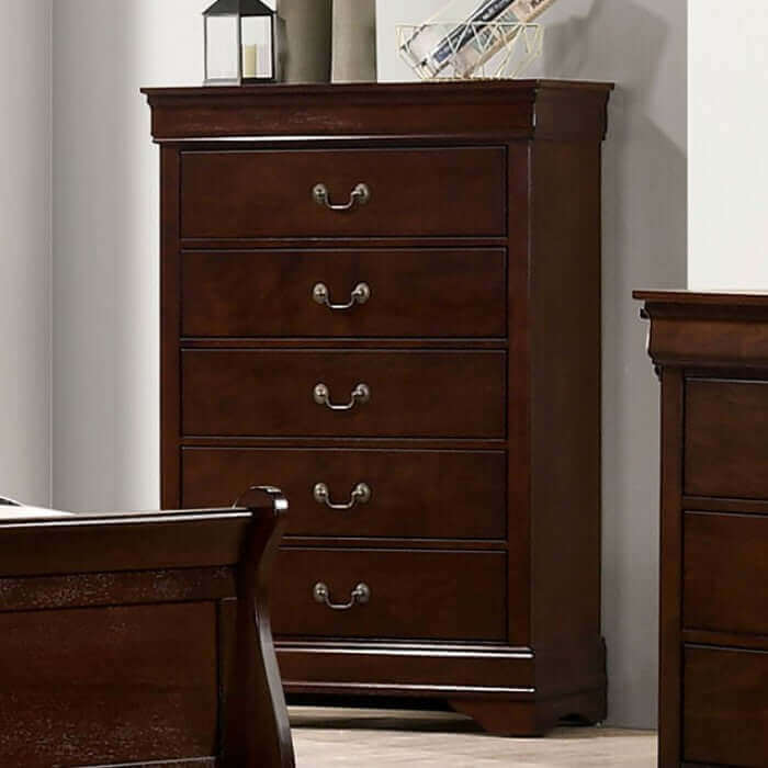 Louis Philippe cherry five-drawer chest in a transitional bedroom, featuring a rich finish and classic design.
