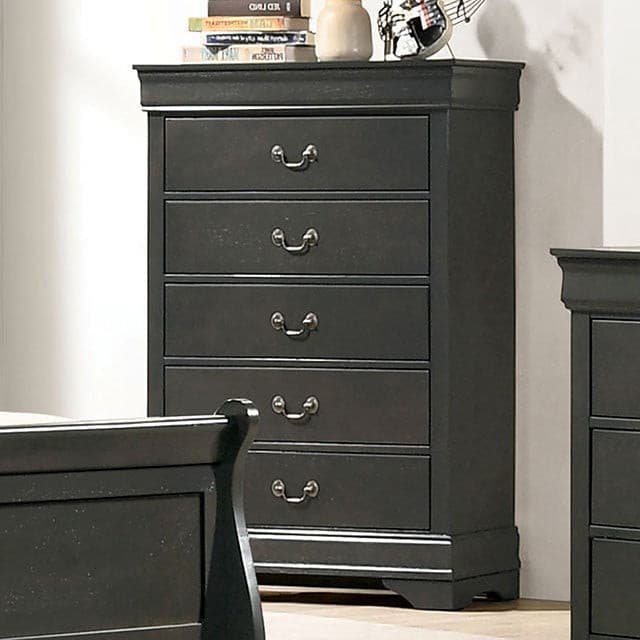 Louis Philippe gray transitional chest of drawers with five storage drawers and classic design in a stylish bedroom setting.