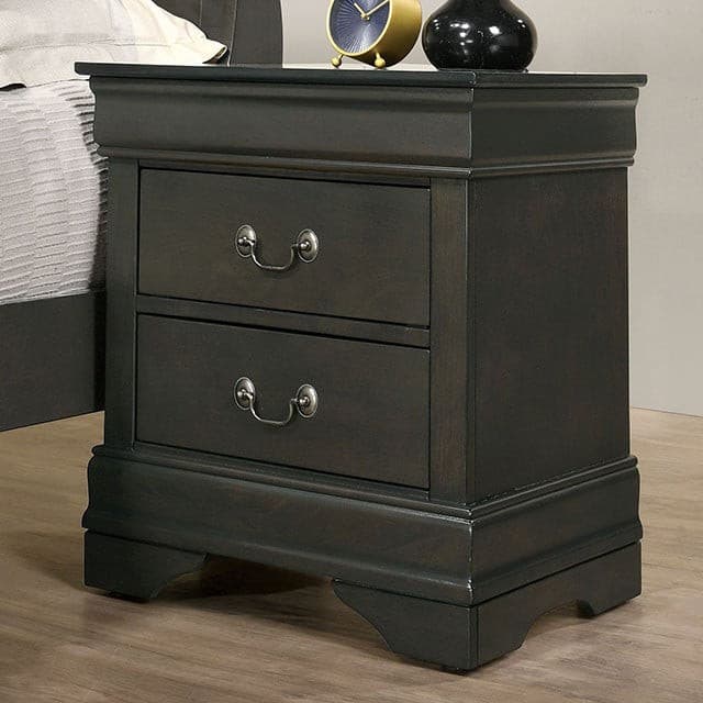 Louis Philippe gray nightstand with two drawers and elegant hardware, perfect for transitional bedroom decor.
