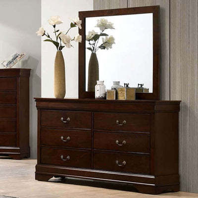 Louis Philippe Cherry Transitional Dresser with mirror and vase, featuring classic design and ample storage for bedroom decor.