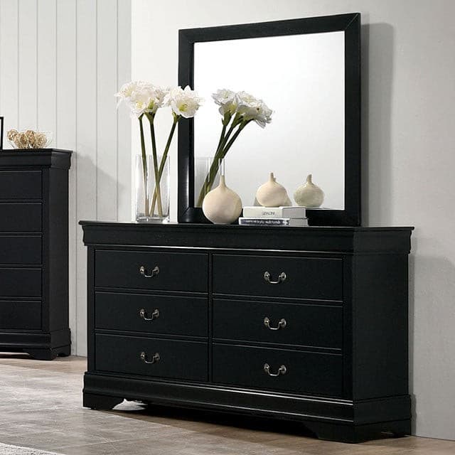 Louis Philippe black transitional dresser with mirror and decorative vases, perfect for stylish bedroom storage.