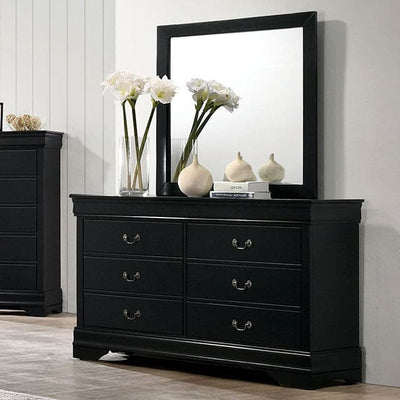 Louis Philippe black transitional dresser with mirror and decorative vases, perfect for stylish bedroom storage.